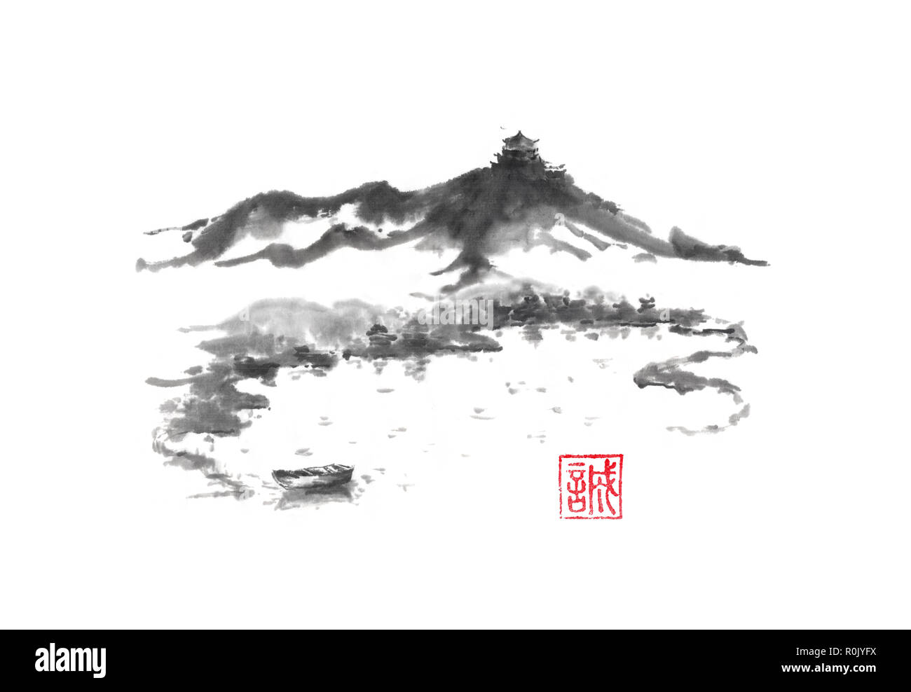 Sumi-e de style japonais lac et château de la peinture d'encre. Les hiéroglyphe signifie sincérité. Grande pour les cartes de vœux ou de texture design. Banque D'Images