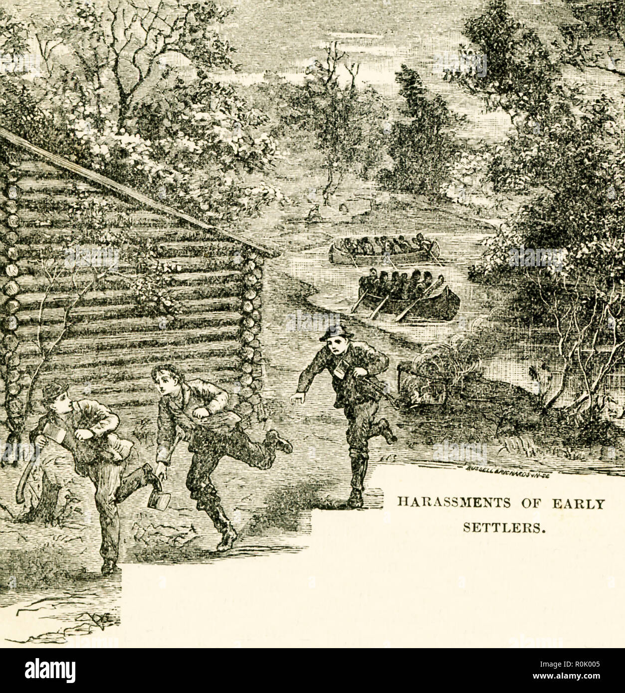Le sous-titre suivant : Harcèlement des premiers colons. Il détaille les Amérindiens s'attaquer à Boonesborough et autres villes de Kentucky. Cette illustration est tirée du livre intitulé : Histoire de l'Ouest sauvage et feu de camp Chats : En cours de l'histoire authentique et complet des grands héros des plaines de l'Ouest, Wild Bill, Buffalo Bill, Kit Carson, Daniel Boone, Davy Crockett, Sam Houston, et les généraux Crooks, Miles et Custer. Il a été publié pour la première fois en 1888. Cette édition a été publiée en 1902. Banque D'Images