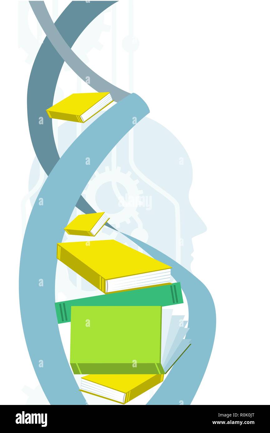La connaissance et l'identité concept. Spirale de l'ADN, la tête humaine, et les pignons. Vectar illustration. Illustration de Vecteur