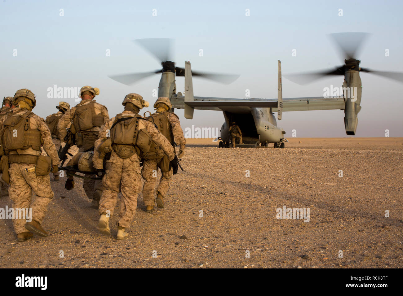 Les Marines américains portent une victime simulée d'un MV-22 Osprey. Banque D'Images