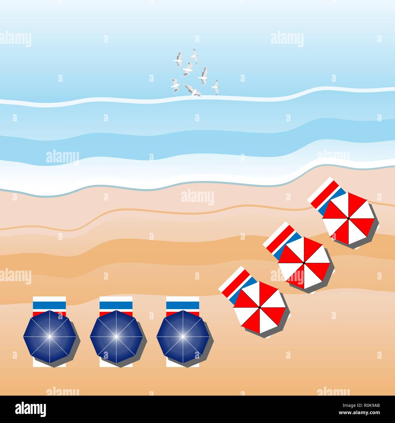 Vue aérienne de la plage de la mer. Deux rangées de parasols. Mouettes volantes. Locations de thème. Télévision vectoriel style. Symbole mode concept pour catalogues, informatio Illustration de Vecteur