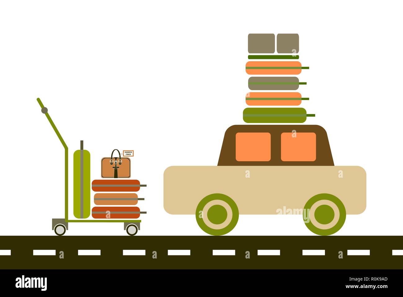 Télévision vecteur illustration. Chariot à bagages avec des valises. Voiture avec des bagages sur le toit. Les bagages sont sur le chariot à bagages. Pour l'infographie, catalo Illustration de Vecteur