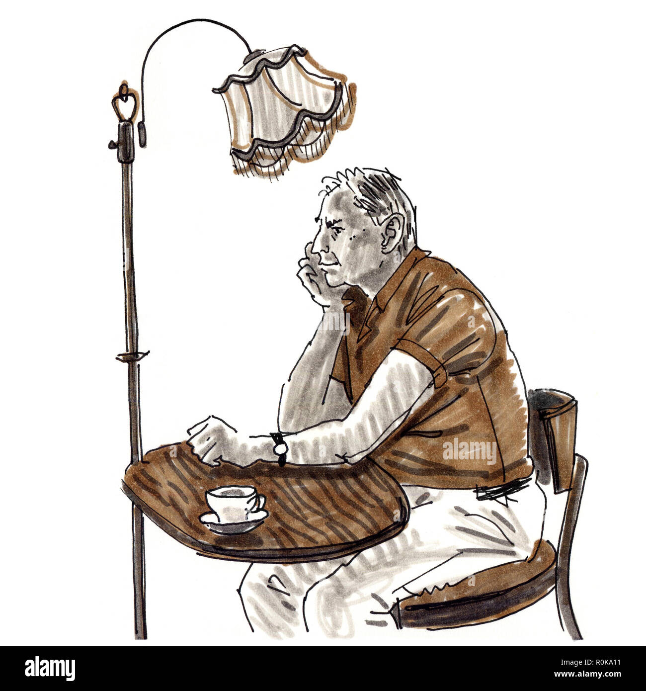 Un homme âgé est assis à une table avec une tasse de café sous un lampadaire rétro. Hand drawn sketchy feutre style illustration sur un fond blanc. Banque D'Images