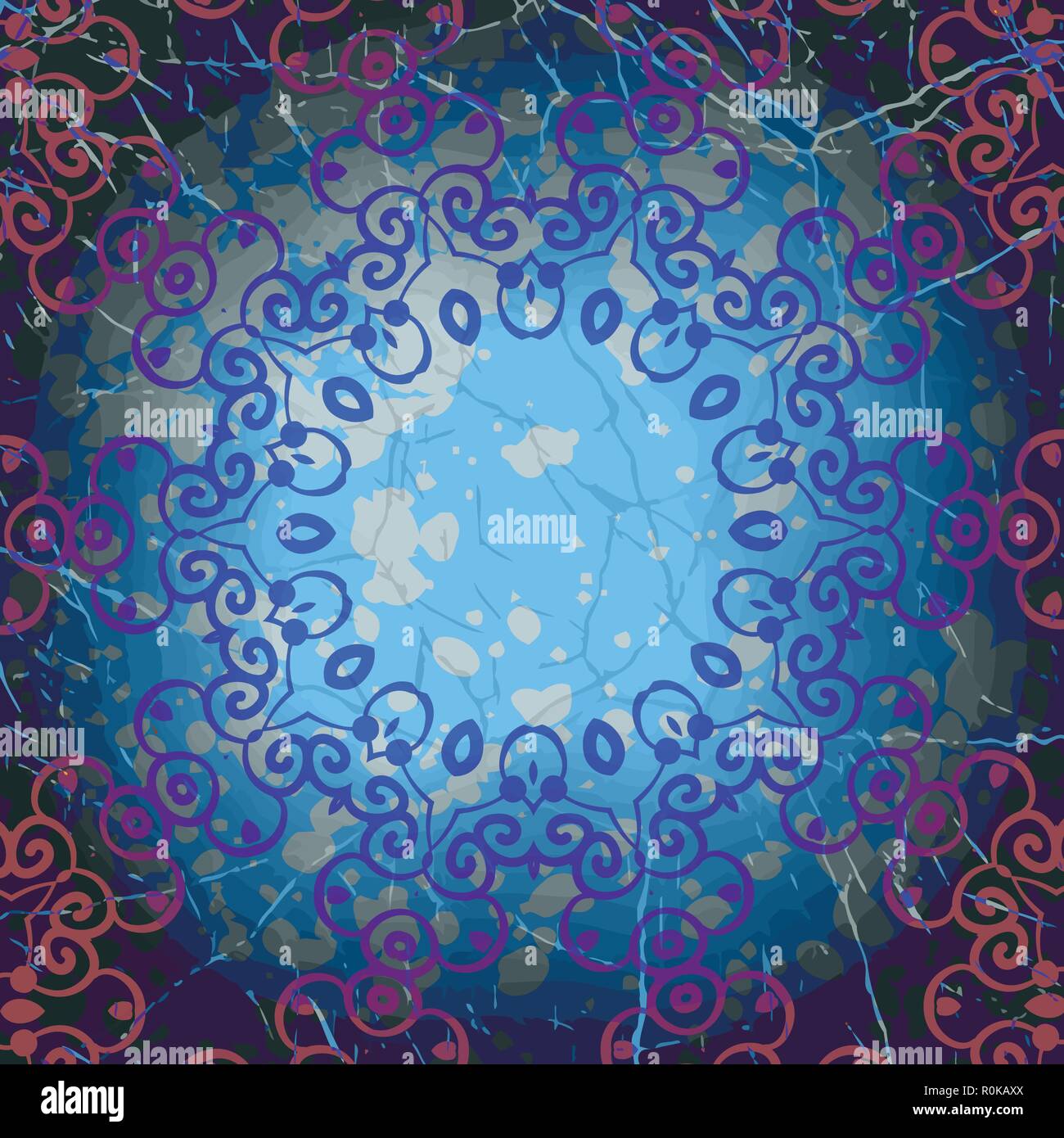 Cadre rond Mandala en bleu. Ornement de l'art indien. Old vintage card design. Retro motif floral. Blue snowflake dentelle. Élément grunge abstrait Illustration de Vecteur