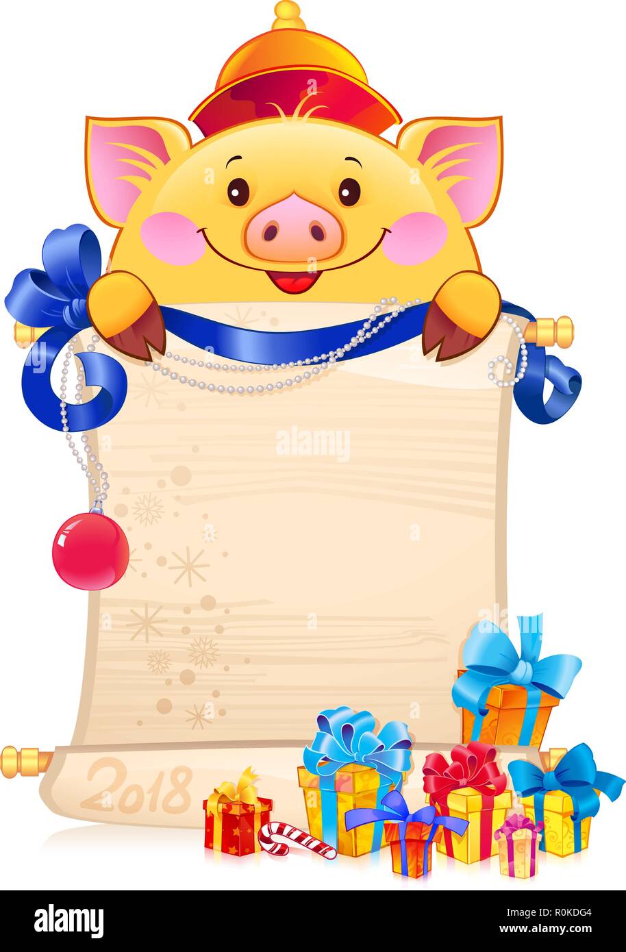 Cochon de terre jaune pour la nouvelle année 2019. Symbole de l'horoscope chinois - porc avec un rouleau. Illustration de Vecteur