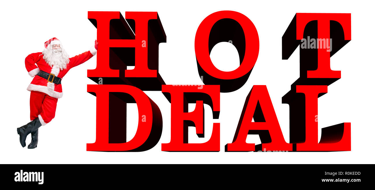 Cheerful Santa Claus se distingue par le mot Hot Deal, isolé sur un fond blanc. Funny Santa jovial offrent la promotion de boutique. Banque D'Images
