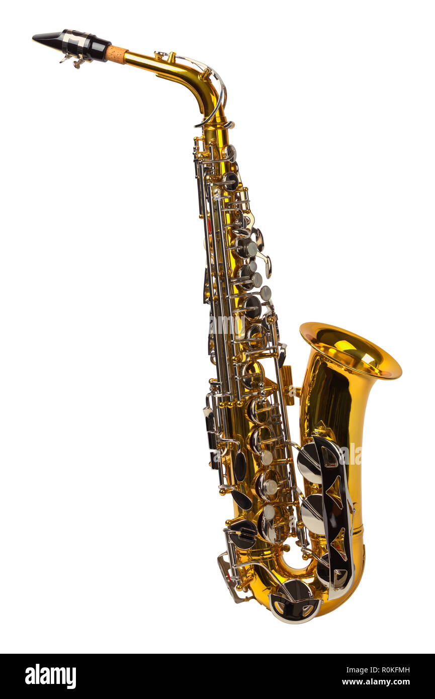 Voir fo côté Saxophone or isolé sur un fond blanc. Banque D'Images