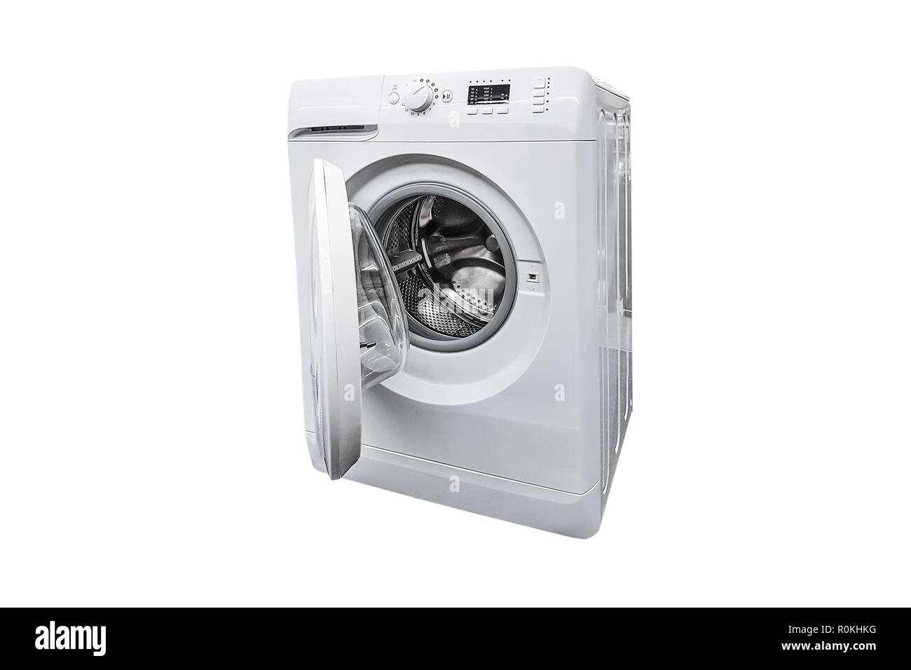 Machine à laver moderne générique avec un baril ouvert isolé sur fond blanc Banque D'Images