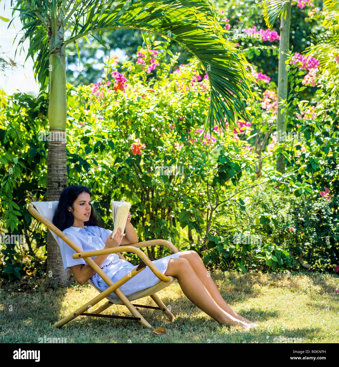 Jeune femme assise dans une chaise et la lecture d'un livre, d'un jardin tropical, Guadeloupe, French West Indies, Banque D'Images