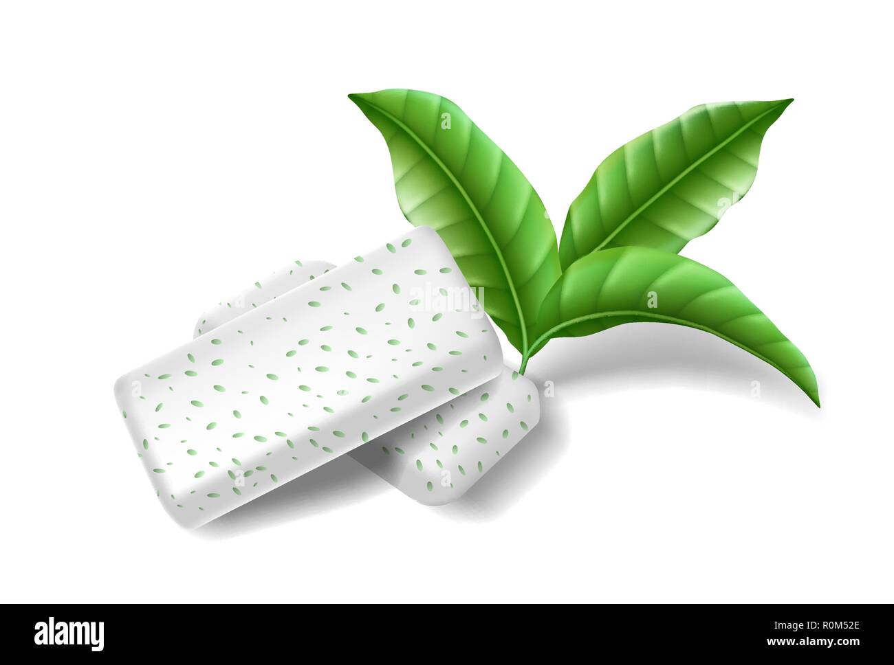 Chewing-pads gomme avec feuilles de menthe isolées. Gommes bulles pour des dents saines et une respiration fraîche. Modèle pour l'hygiène dentaire. Vecteur 3d Illustration de Vecteur
