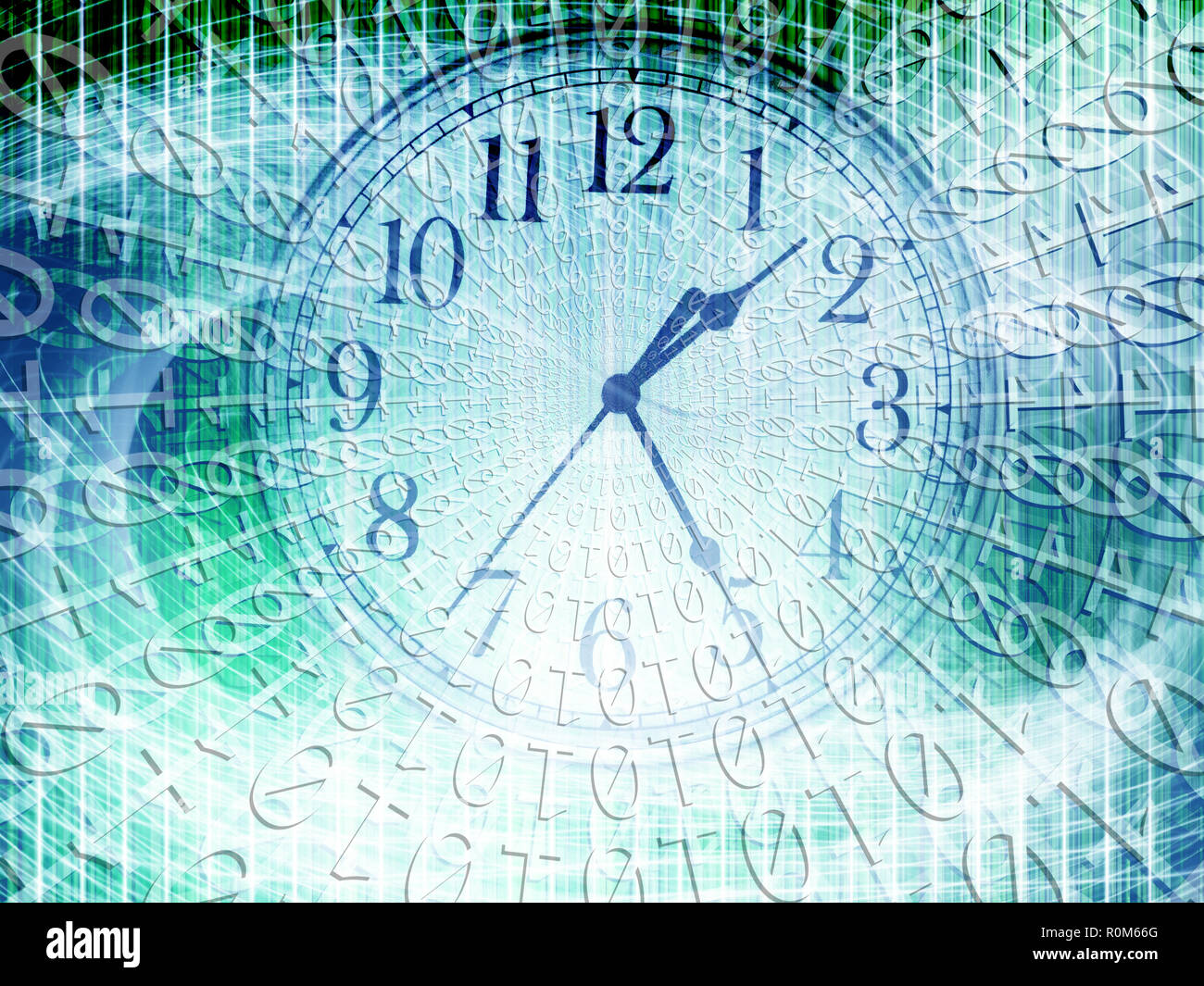 La technologie et de l'image conceptuelle du temps d'un code binaire avec horloge et lumières abstraites Banque D'Images