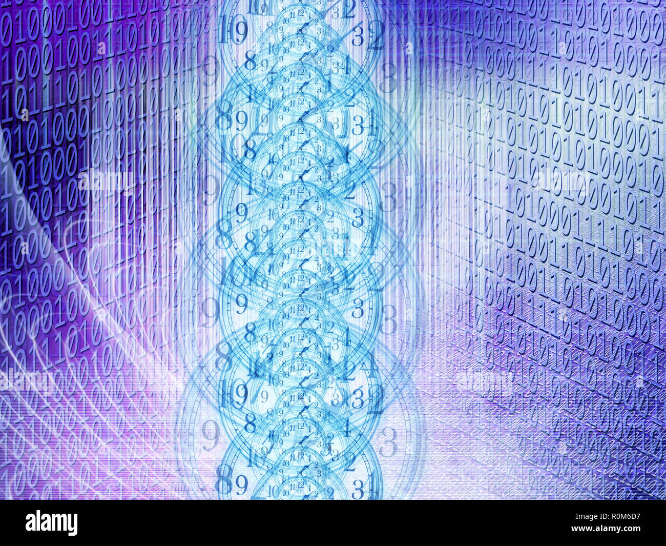 La technologie et de l'image conceptuelle du temps d'un code binaire avec horloge et lumières abstraites Banque D'Images