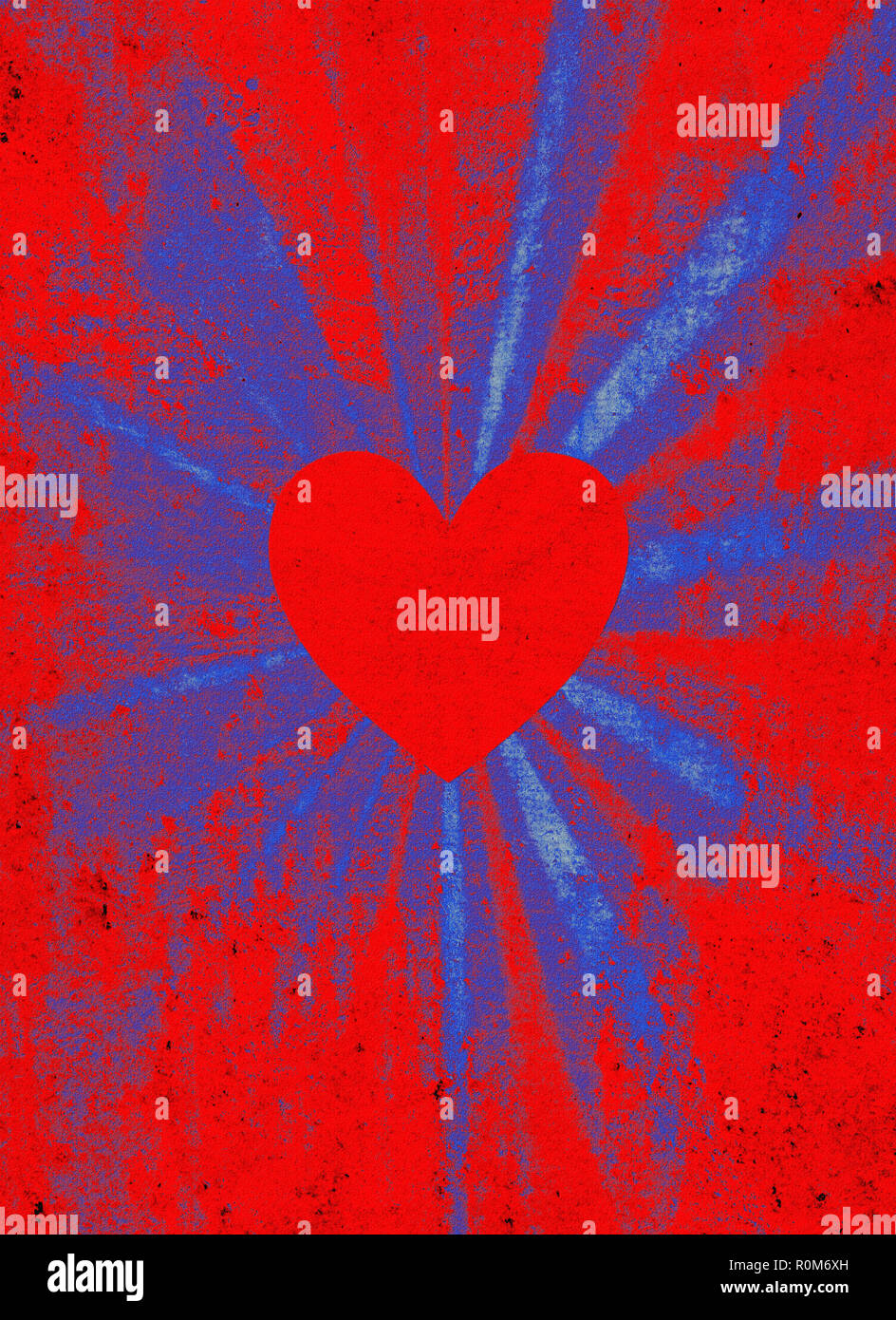 Saint Valentin coeur rouge sur bleu et rouge grunge background starburst Banque D'Images