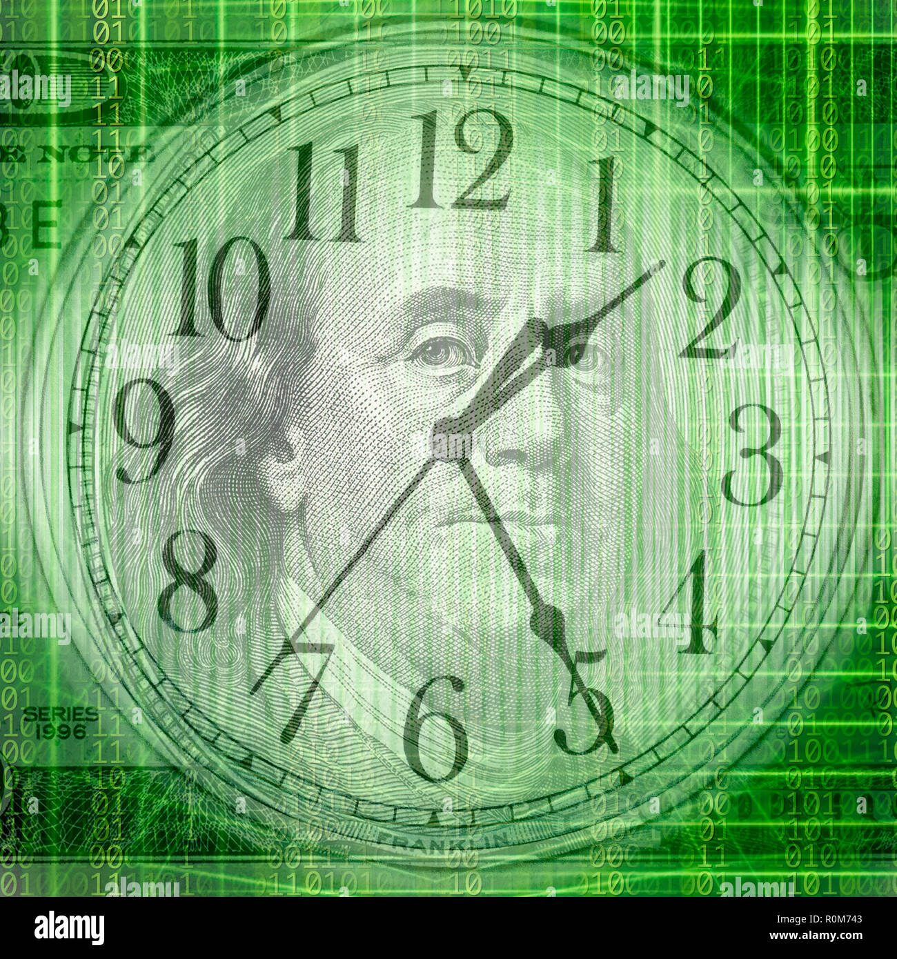 Image de fond conceptuel d'un code binaire avec le temps et money concept Banque D'Images