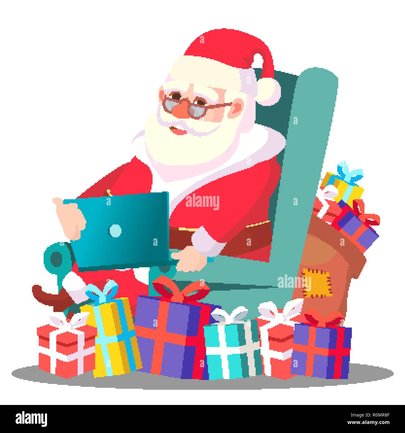 Père Noël sur la chaise avec Portable vecteur. Illustration Illustration de Vecteur