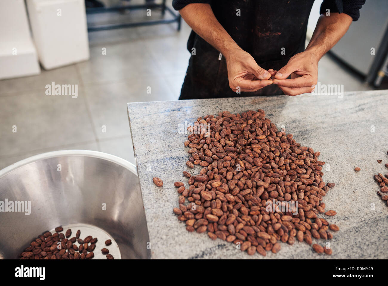 La qualité de la sélection des travailleurs pour la production de chocolat haricots cocao à la main Banque D'Images