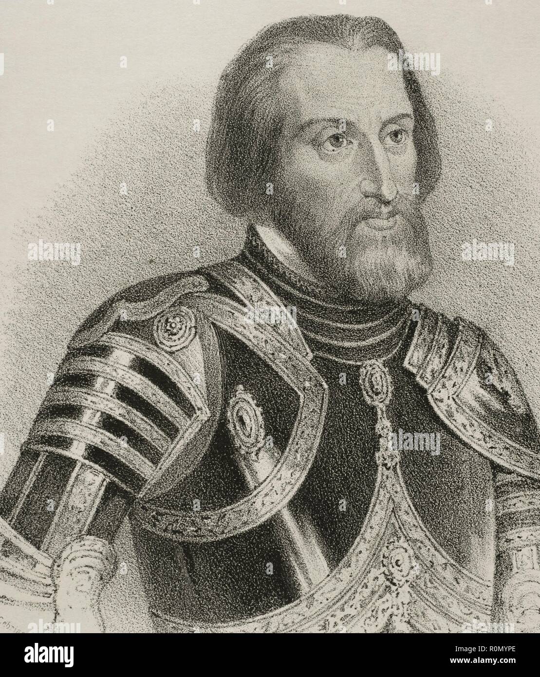 Hernán Cortés (Medellín, provincia de Badajoz, 1485-Castilleja de la Cuesta, provincia de Sevilla, 1547). Conquistador español que inició la expedición de la conquista de Mexico. El nuevo territorio pasaría une denominarse Nueva España. Dibujo por J. Cebrián. Litografía. Retrato, detalle. Crónica general de España, Historia Ilustrada Descriptiva y de sus Provincias. L'Estrémadure, 1870. Biblioteca Histórico Militar de Barcelone. Islas Baleares, España. Banque D'Images