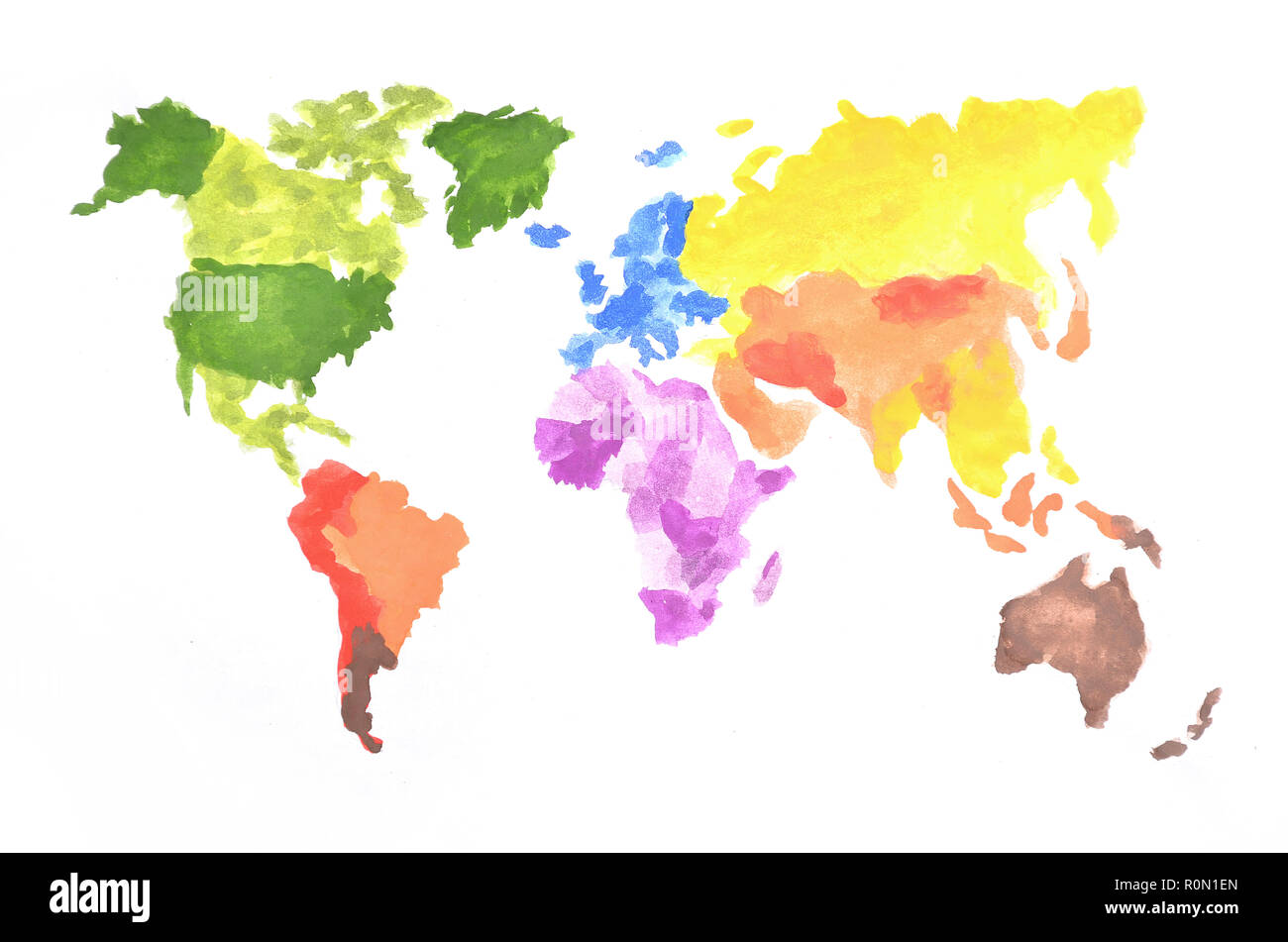 La carte du monde est fait avec des peintures à l'aquarelle de couleur sur papier blanc. Tous les continents du monde sont représentés dans différentes couleurs . Banque D'Images