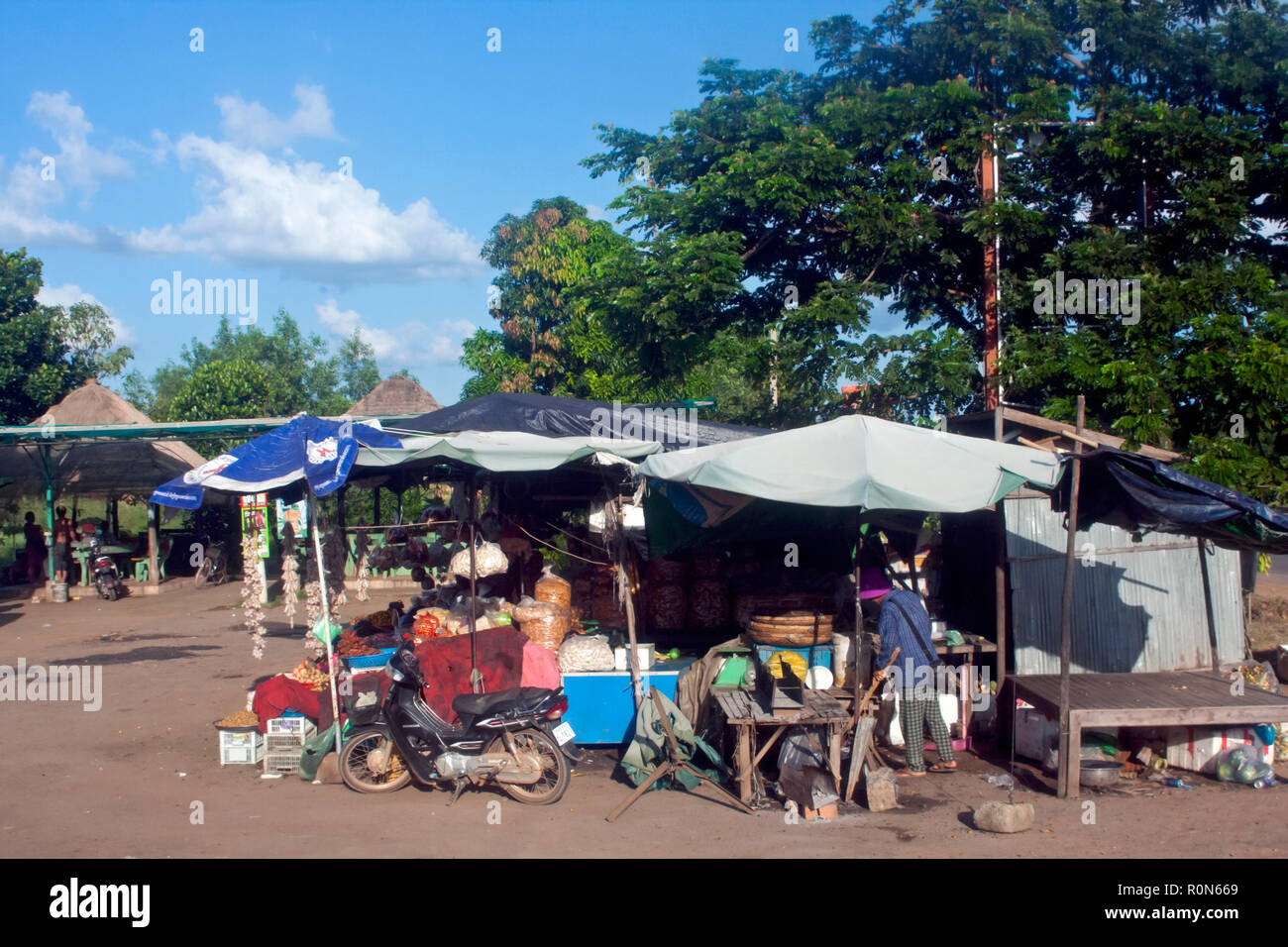 Différents types d'aliments est en vente à un arrêt de repos à Skun, province de Kampong Cham, au Cambodge. Banque D'Images