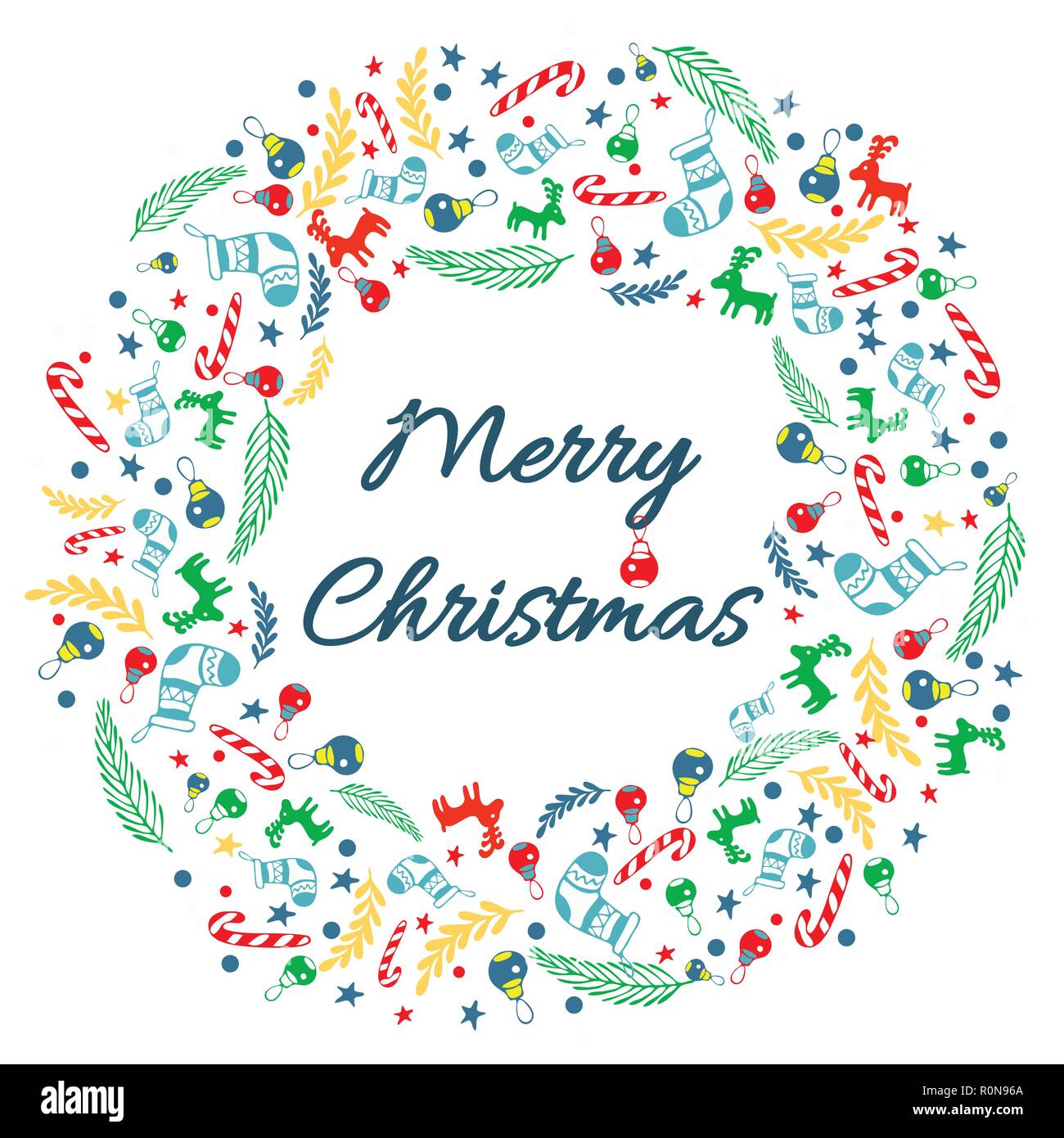 Joyeux Noël carte de souhaits avec guirlande, arrière-plan avec sock, épinette, sapin, Lucette, stick à rayures, des rameaux, cerfs, ballon, étoile, Flocon, cercle. Illustration de Vecteur