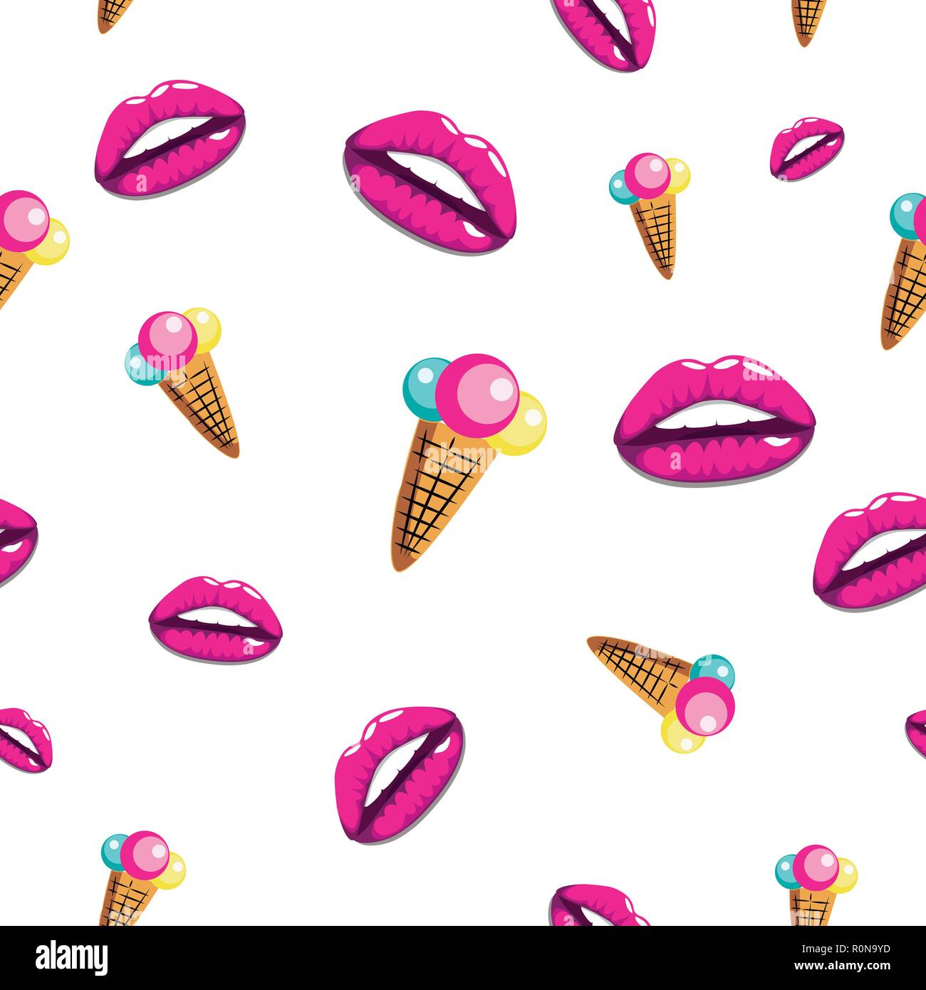 Motif transparent coloré avec de la crème glacée et les lèvres. Style de fille fond abstrait. Motif estival lumineux Illustration de Vecteur