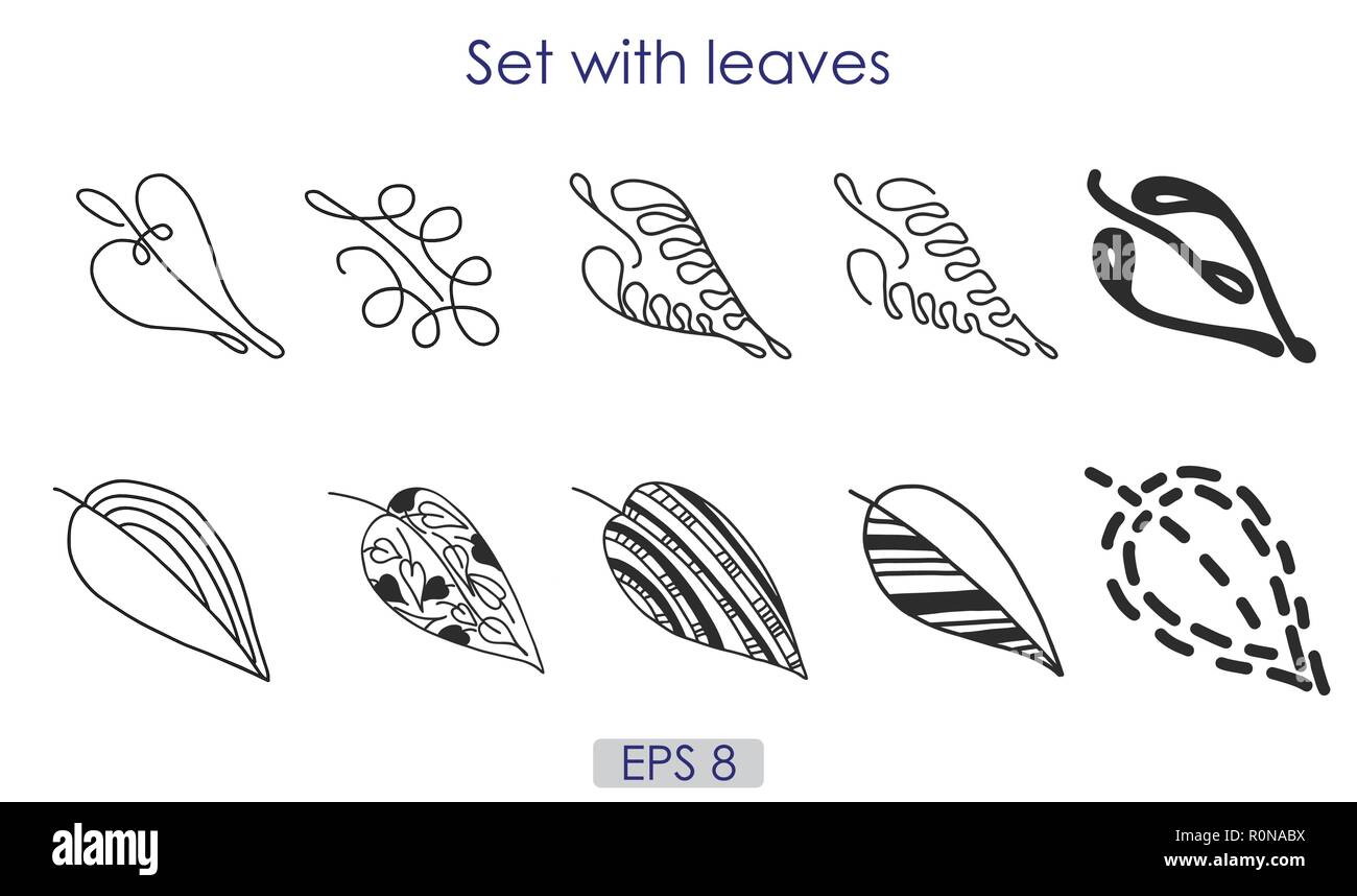 Ensemble de croquis de l'art feuilles vecteur de symboles, intéressant différents contours de feuilles d'arbres, logo, silhouette noire, illustration vectorielle, EPS 8 Illustration de Vecteur