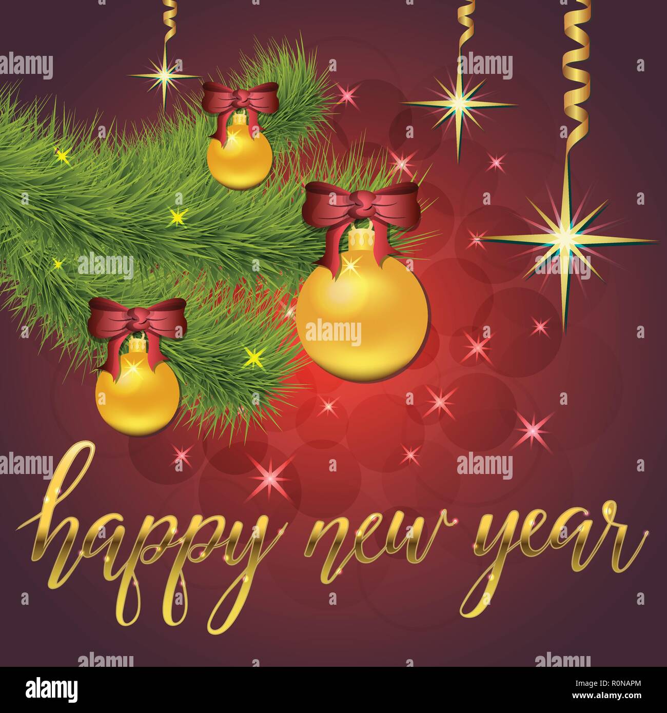 Vector illustration brillante des étoiles et scintille sur fond rouge, avec des décorations de Noël, bals,d, direction générale de la main heureuse nouvelle année, lettrage Illustration de Vecteur