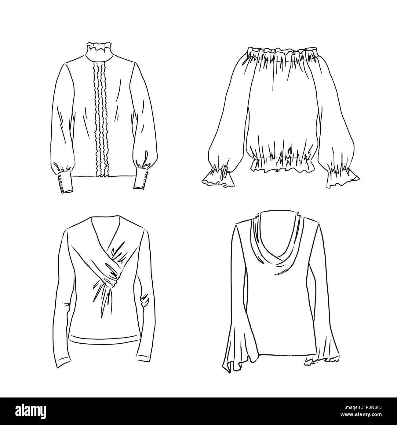 Ensemble dessiné à la main avec des vêtements féminins. Vector illustration pour les fonds, des impressions textiles, web et conception graphique, logo, affiche, bannière, pour les concepteurs Illustration de Vecteur