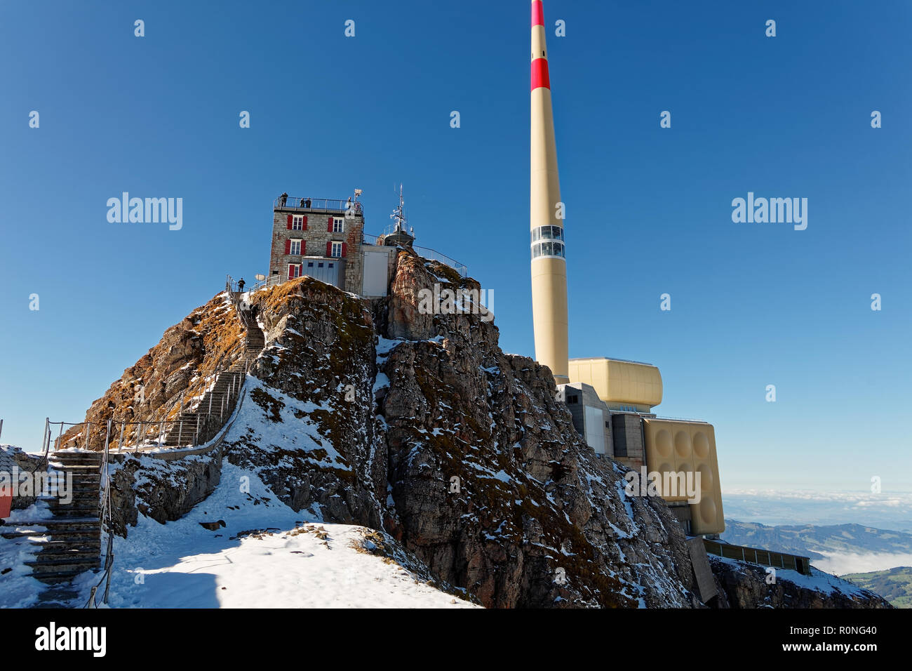 Première neige, soleil, vues de Säntis Appenzell Alpstein en sommet, Alpes, Suisse Banque D'Images