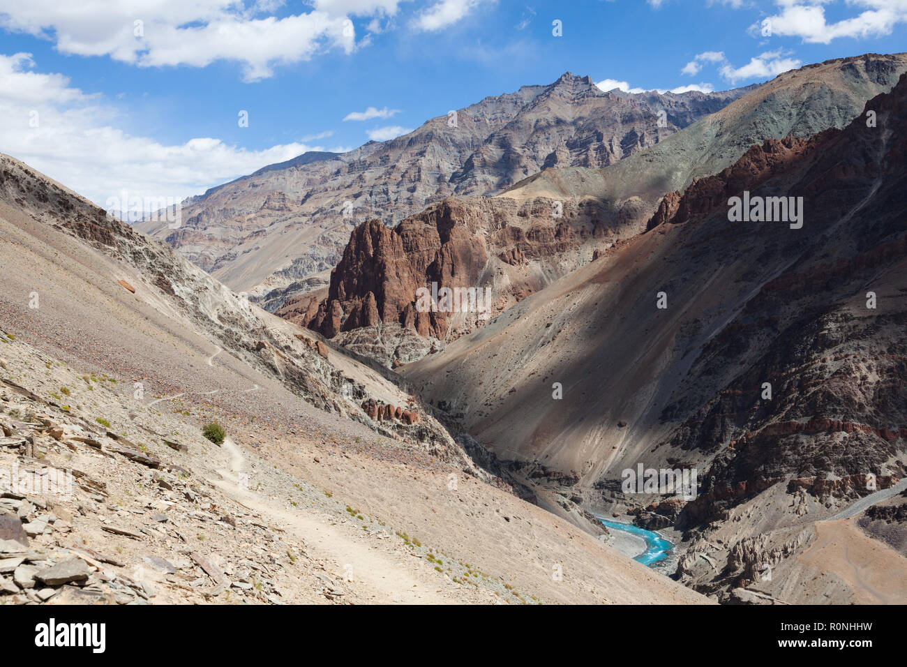La rivière Tsarap et sentiers menant à Phugtal Gompa : à partir de la Cha (en haut, à gauche de la rivière) et de Purne (en bas, à droite de la rivière) Banque D'Images