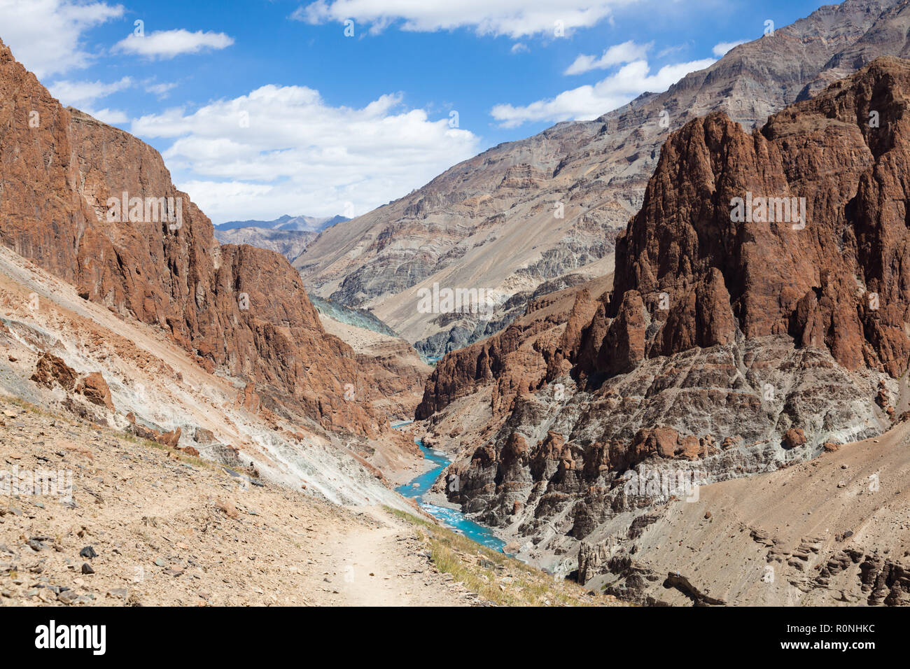 La rivière Tsarap et sentiers menant à Phugtal Gompa : à partir de la Cha (en haut, à gauche de la rivière) et de Purne (en bas, à droite de la rivière) Banque D'Images