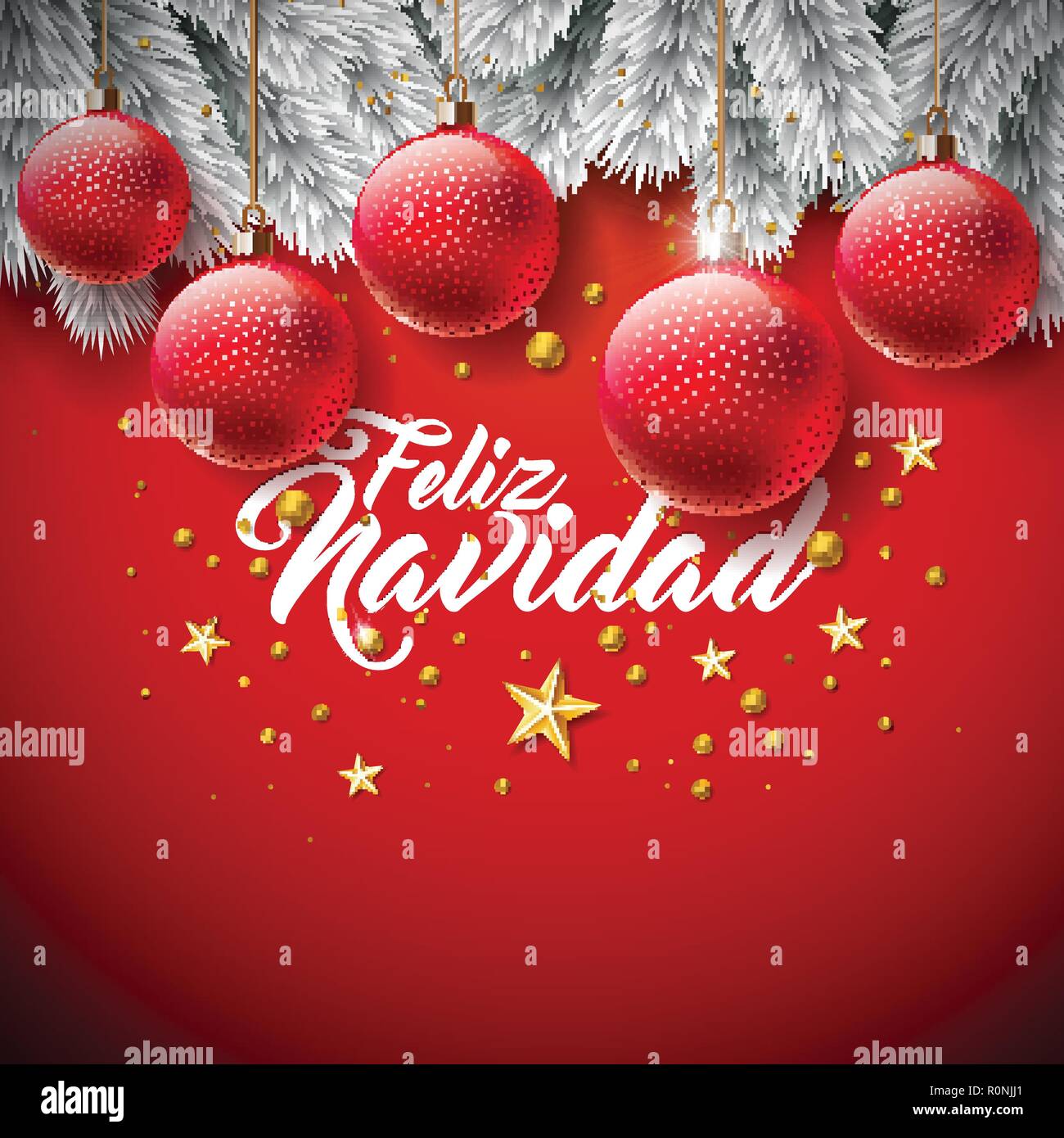 Vector Illustration De Noel Avec L Espagnol Feliz Navidad Typographie Sur Fond Rouge Maison De Bille