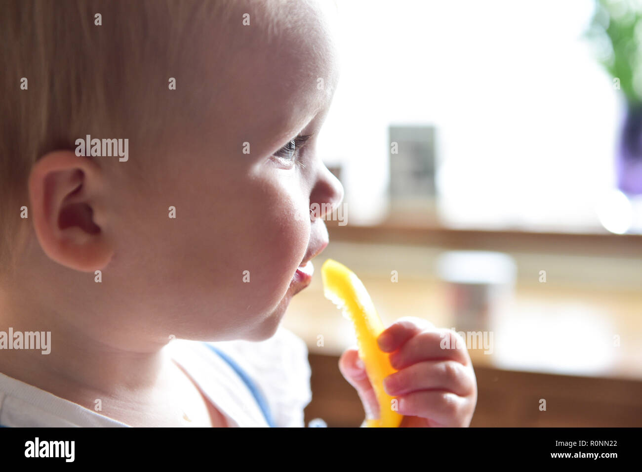 Jeune bébé bébé fille âgée de deux ans de manger une alimentation saine de poivrons frais snack-photographie prise par Simon Dack Banque D'Images