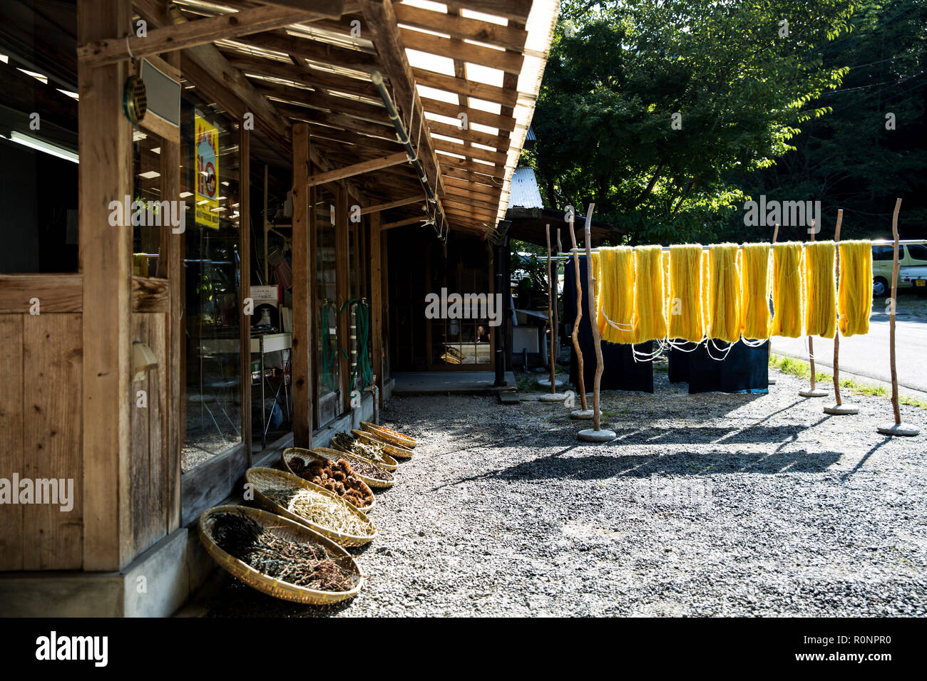 Vue extérieure de l'usine textile atelier de teinture, avec tissu jaune accroché au soleil pour sécher et paniers avec des colorants végétaux. Banque D'Images