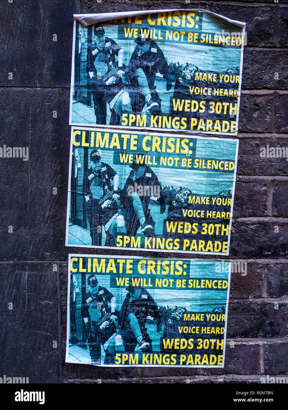 Les affiches de protestation - crise climatique des affiches de protestation dans le centre de Cambridge UK Banque D'Images