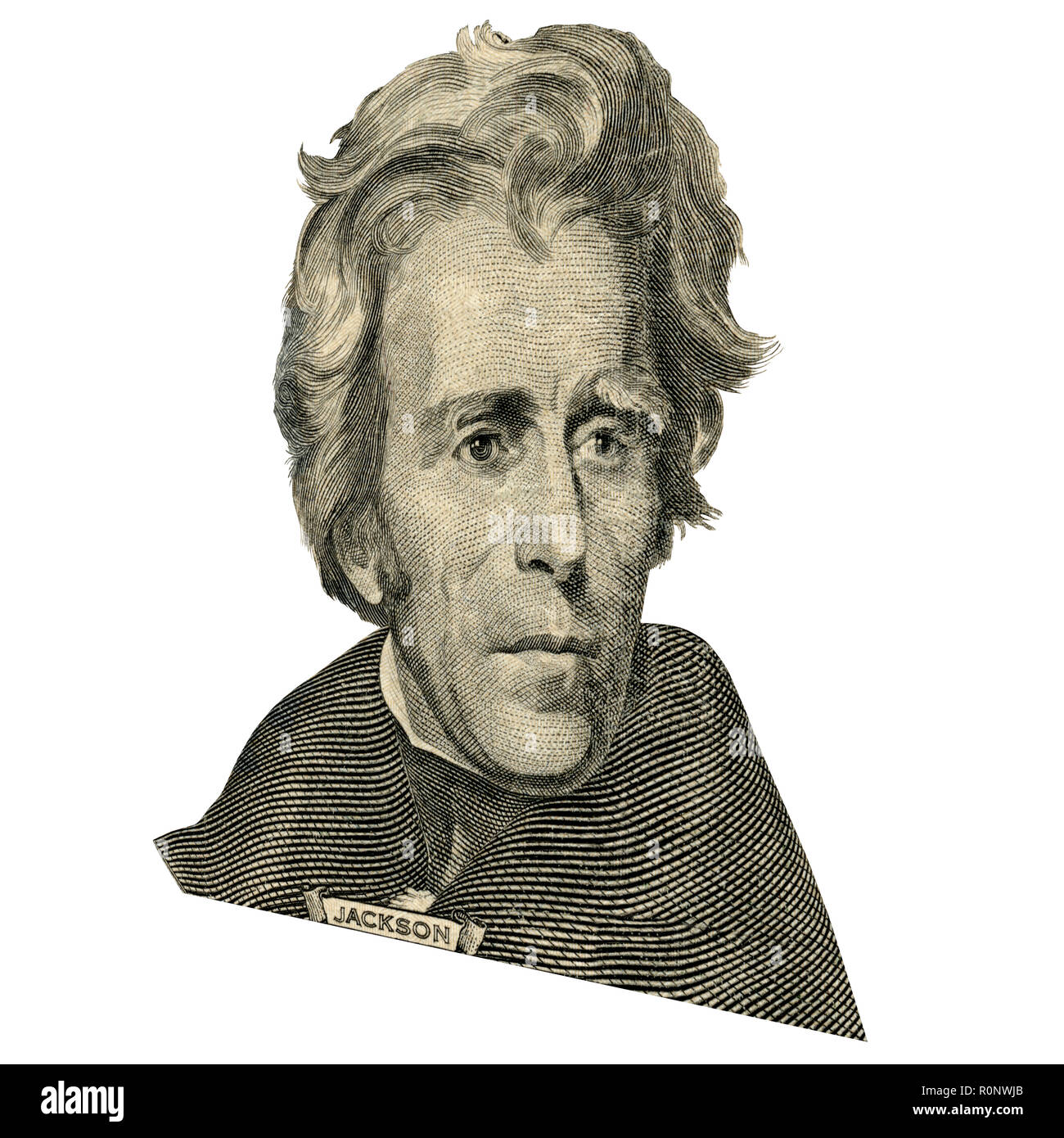 Portrait de l'ancien président américain Andrew Jackson comme il a l'air sur l'avers de vingt dollars. Photo à un angle de 15 degrés. Banque D'Images