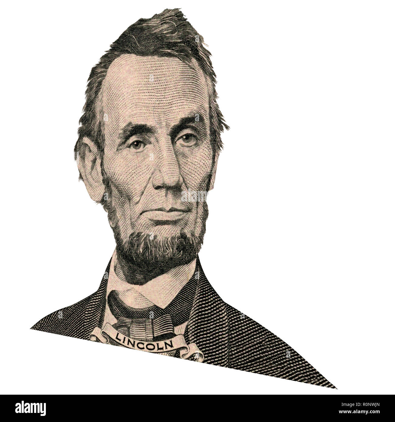 Portrait de l'ancien président américain Abraham Lincoln comme il a l'air sur l'avers de cinq dollars. Photo à un angle de 15 degrés. Banque D'Images
