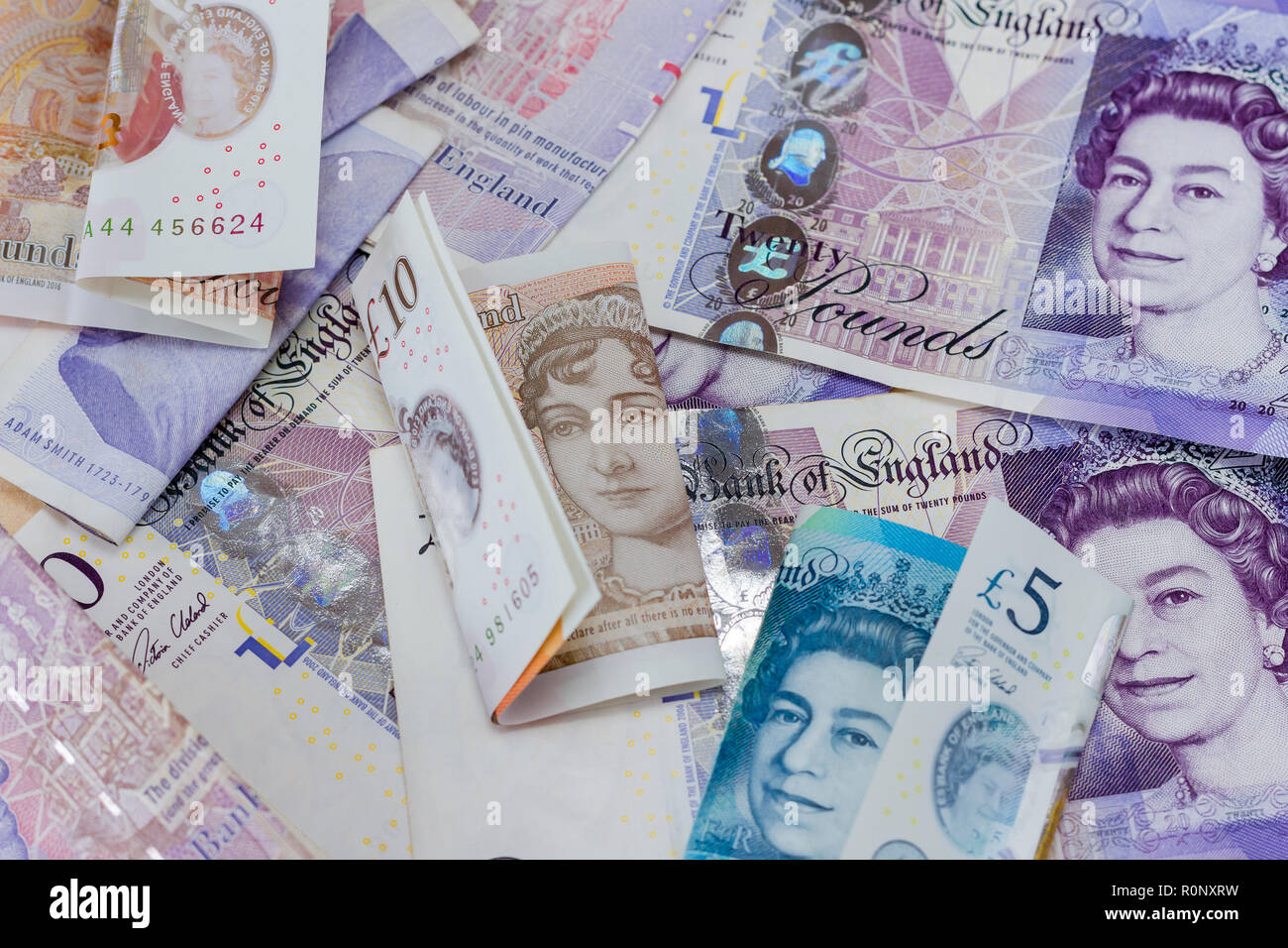 Anglais britannique sterling, monnaie, billets, cinq dix et vingt livres de notes, Royaume-Uni Banque D'Images