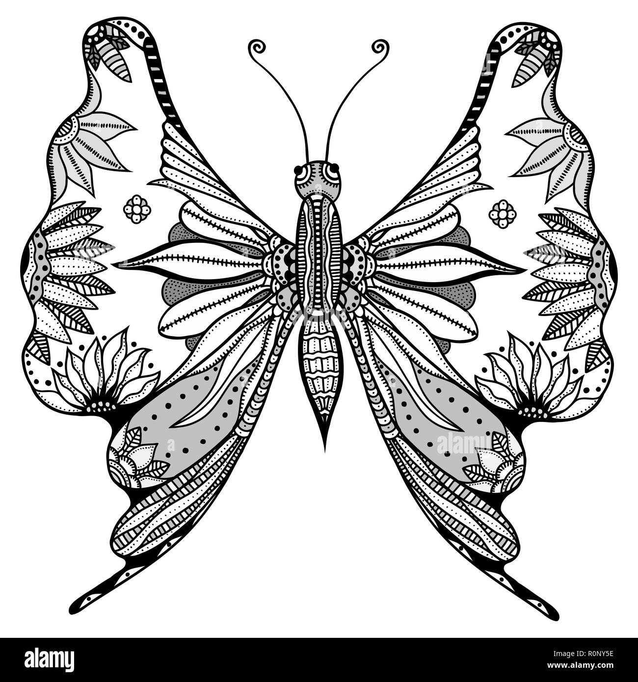 Zentangle papillon stylisé. Noir blanc hand drawn doodle animal. Illustration vecteur à motifs ethniques. Africaine, Indienne, totem design tribal. Croquis Illustration de Vecteur