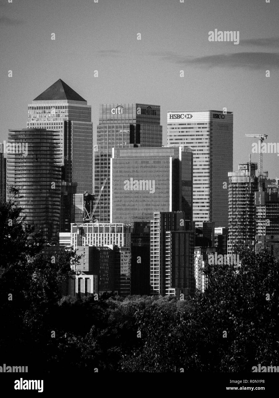 Canary Wharf sur Isle of Dogs, London Docklands, vu du parc de Greenwich, London, England, UK, FR. Banque D'Images