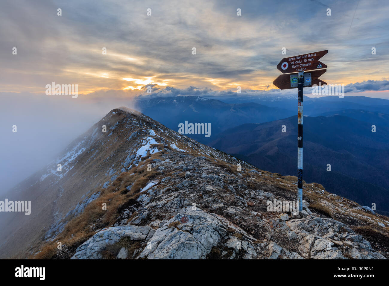 Paysage de montagne dans le coucher du soleil. Les montagnes Piatra Craiului, Roumanie Banque D'Images