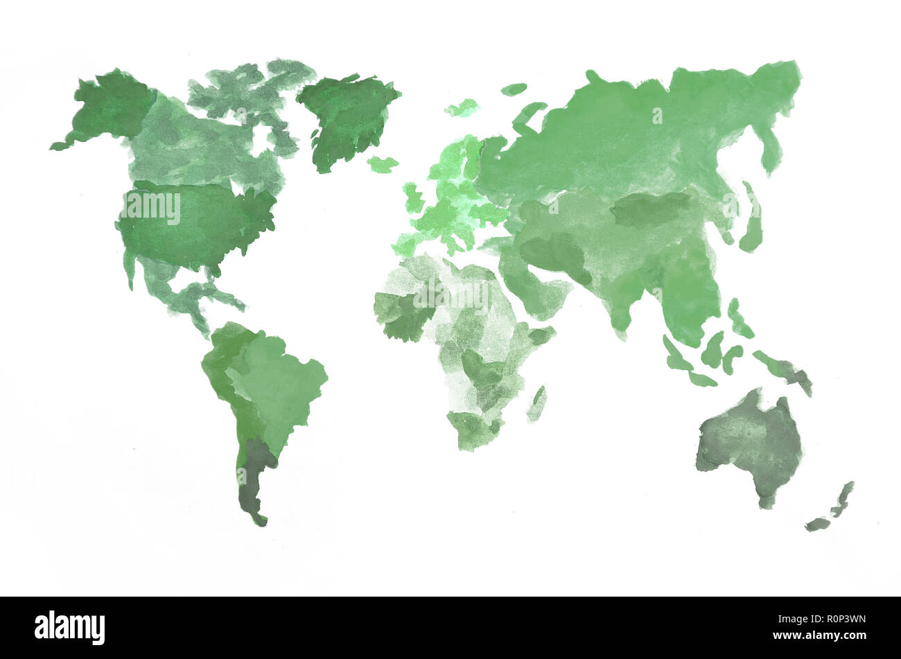 La carte du monde est fait de peintures de camouflage sur du papier blanc. Tous les continents sont représentés dans le vert . Banque D'Images