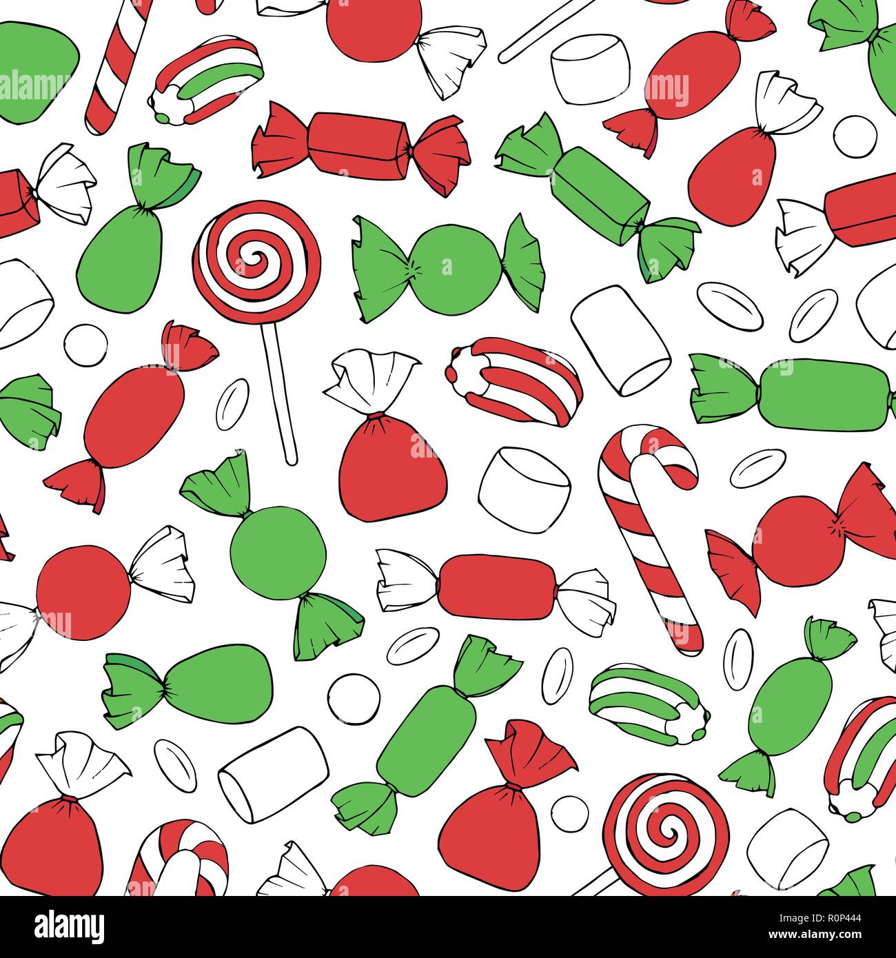 Hand drawn vector candy modèle sur le fond blanc. Des décorations de Noël en rouge et vert. Illustration de Vecteur