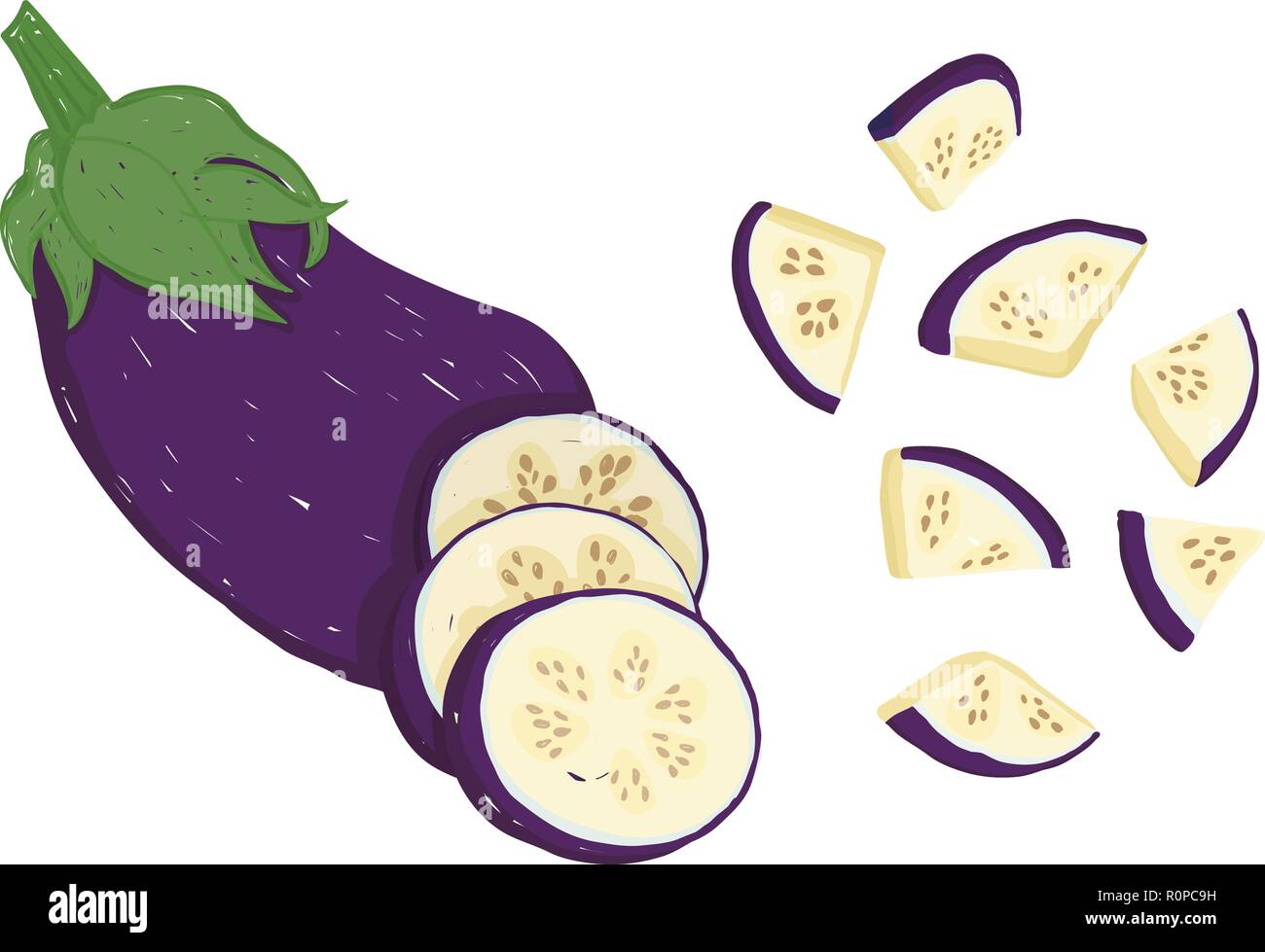 Vector set picturale avec son ensemble aubergine, tranchée et haché, modifiable, évolutive, illustration isolé sur un fond blanc. L'utiliser pour des recettes, des res Illustration de Vecteur