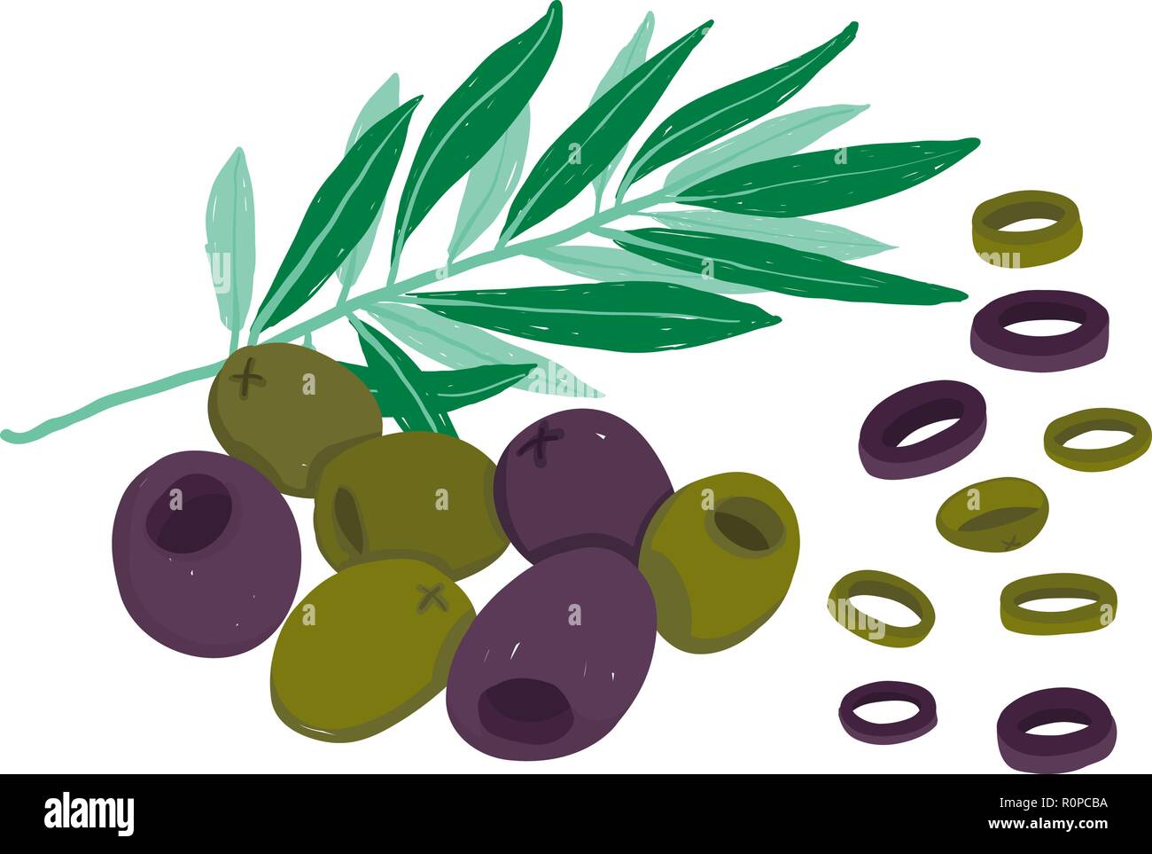 Vector set picturale avec les olives noires et vertes avec branche d'olivier et de la coupe ; isolé sur un fond blanc. L'utiliser pour des recettes, menu de restaurant Illustration de Vecteur