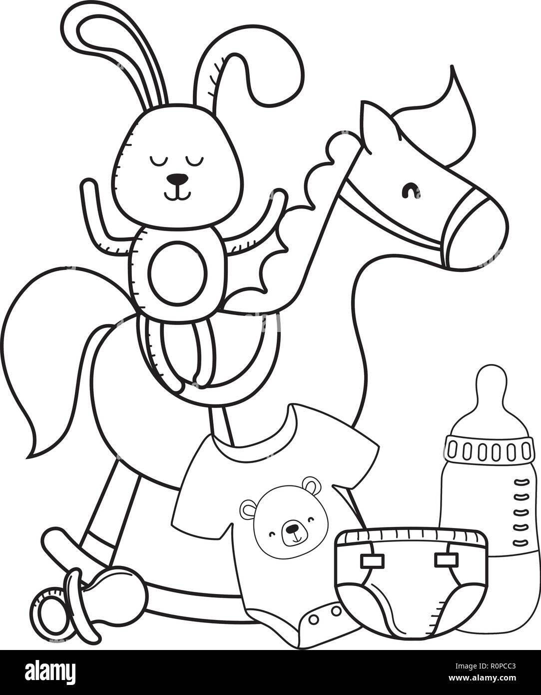 Bunny et cheval de bois en noir et blanc Illustration de Vecteur