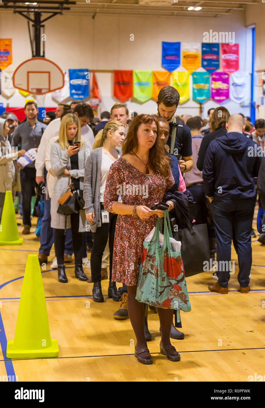 Arlington, Virginia, USA. 6 novembre, 2018. Dans la longue file d'électeurs lors du vote à mi-parcours, à l'école touche. Rob Crandall/Alamy Live News Banque D'Images