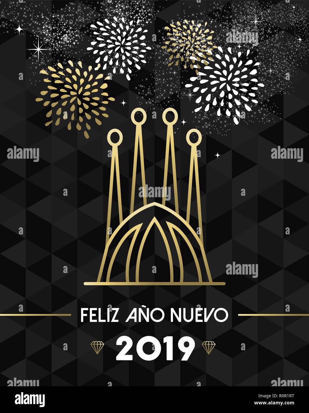 Bonne Année 2019 Carte de souhaits avec Barcelone Espagne Sagrada Familia church style du contour en or. Illustration de Vecteur