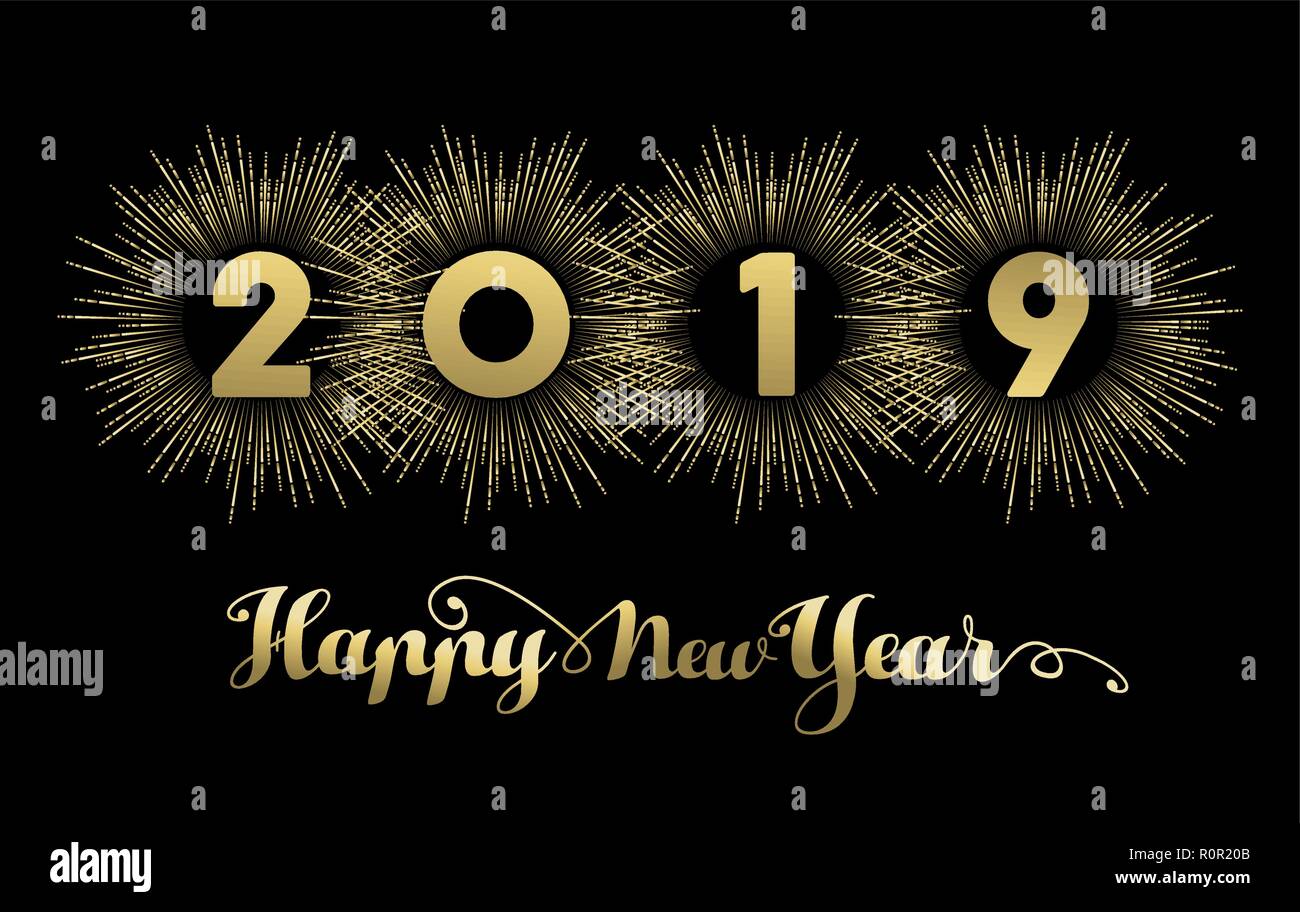 Bonne année 2019 golden design de bannières, texte d'or à l'aide de Fireworks explosion décoration. Illustration de Vecteur