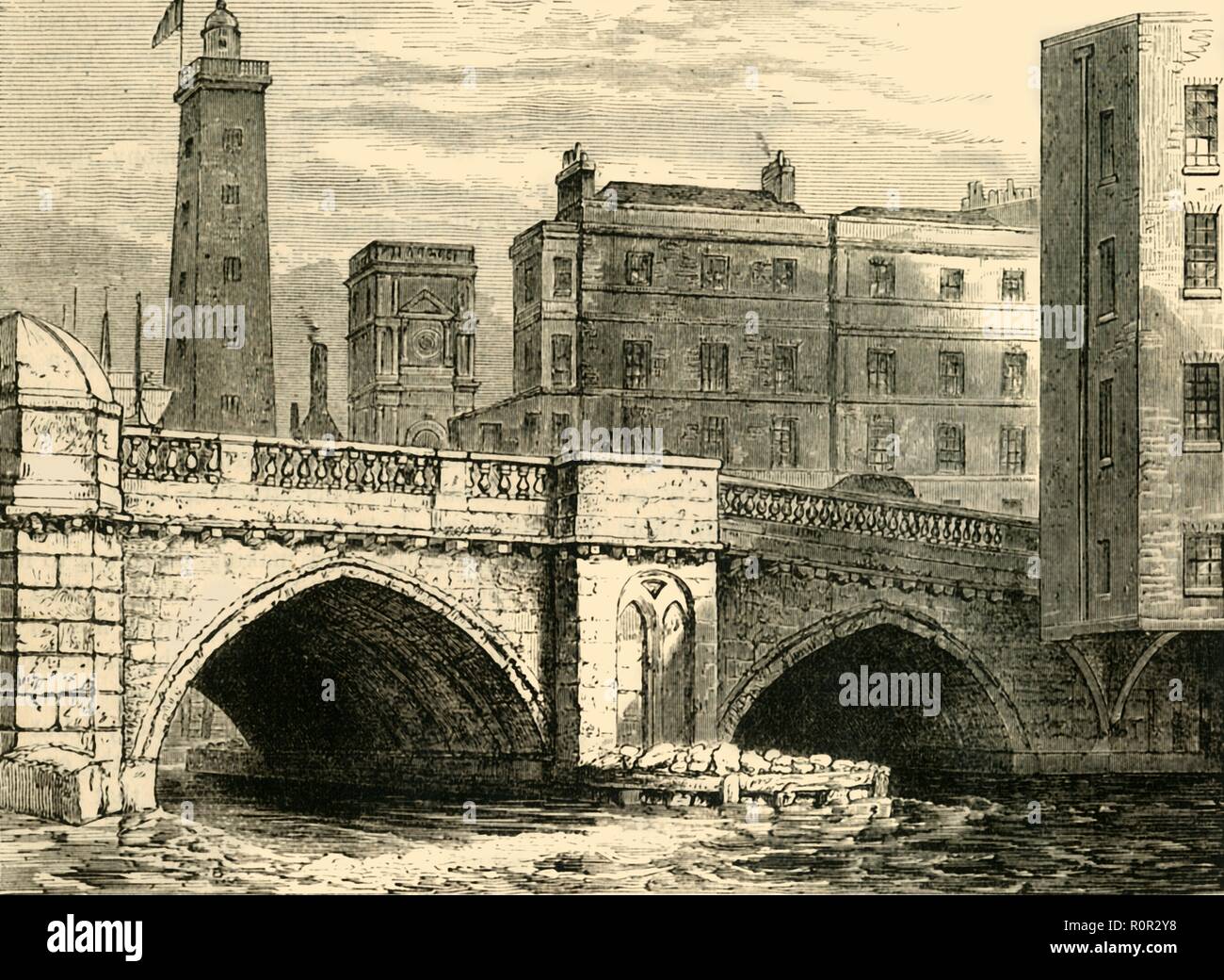 "Sud la fin de l'ancien pont de Londres, avec Shot Tower et l'église St Olave, en 1820', (c1878). Créateur : Inconnu. Banque D'Images